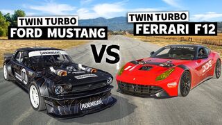 FORD vs FERRARI! DDE's Twin Turbo F12 vs Ken Block's 1400hp AWD Mustang // Hoonicorn vs The World 2