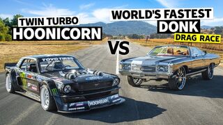 World’s Fastest Donk (1,500hp) Vs Ken Block’s 1,400hp AWD Ford Mustang // Hoonicorn Vs the World